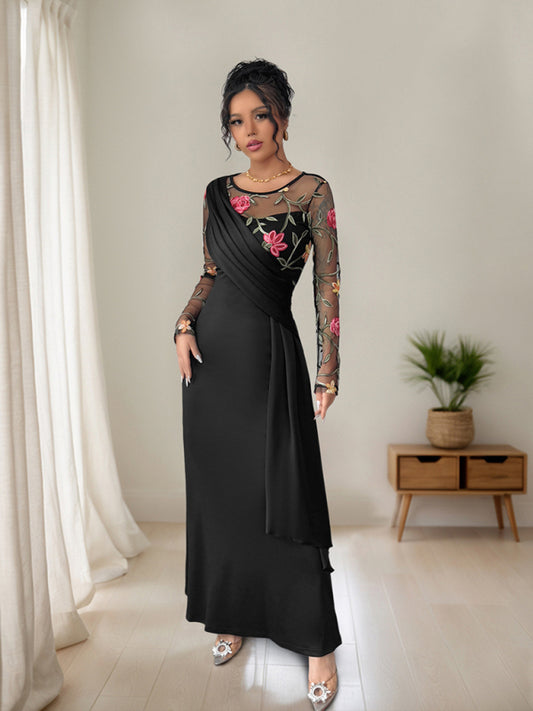 Stacey B's Round Neck Mesh Embroidery Panel Long Sleeve Dress