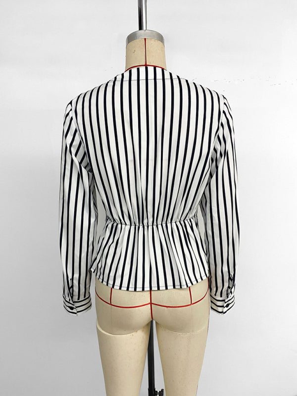 Stacey B's New casual tops long sleeve waist striped splicing V-neck shirt