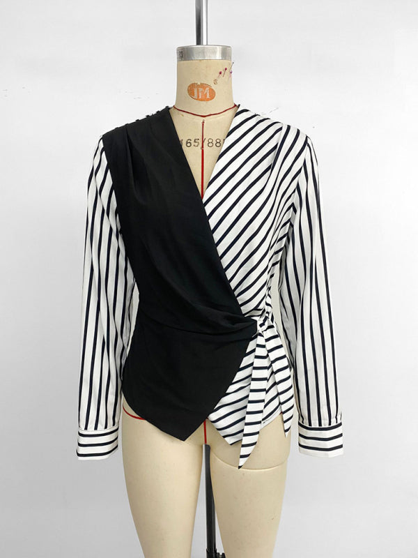 Stacey B's New casual tops long sleeve waist striped splicing V-neck shirt