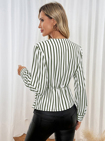 Stacey B's New casual tops long sleeve waist striped splicing V-neck shirt