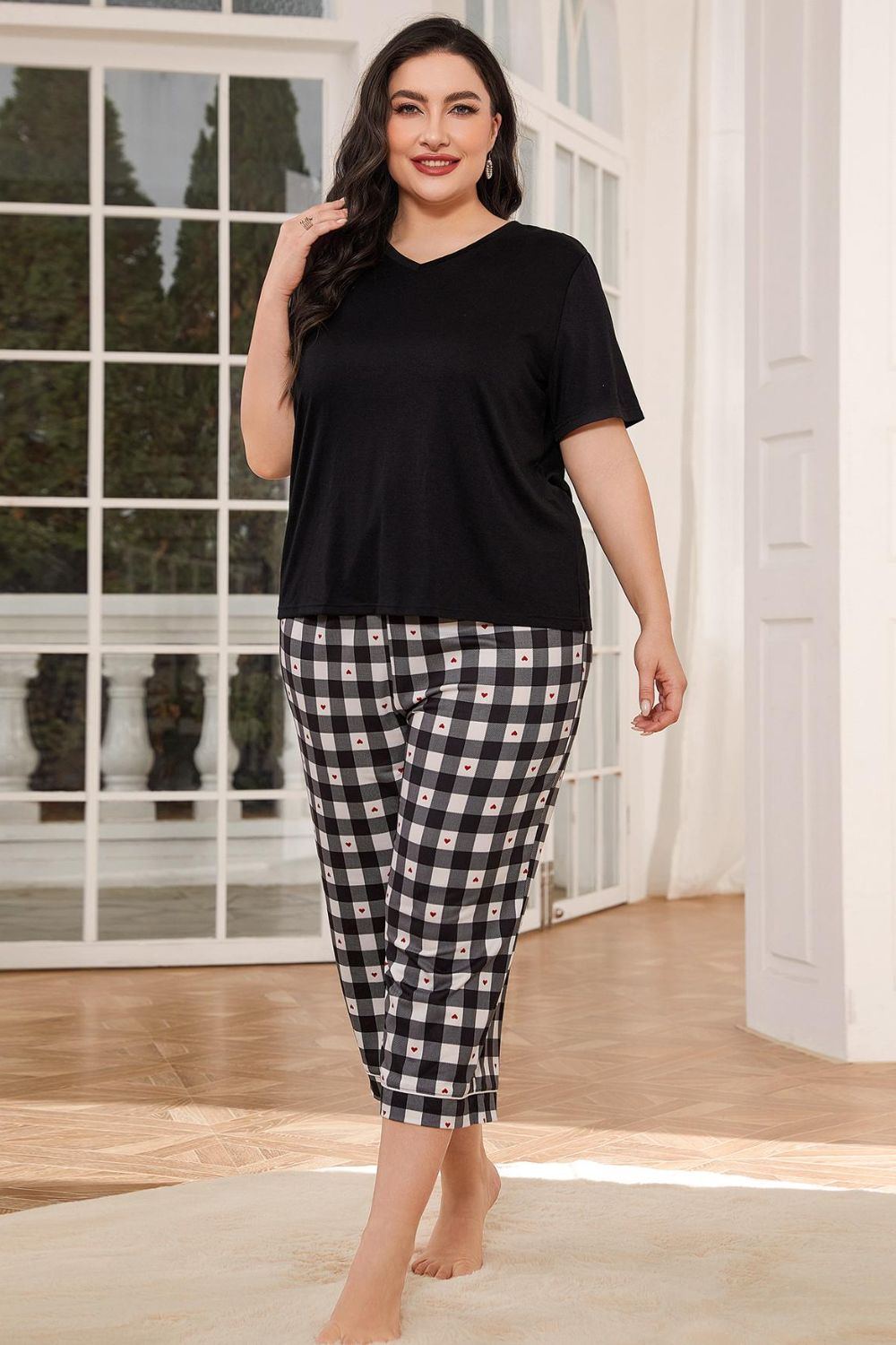 Stacey B's V-Neck Tee and Plaid Cropped Pants Lounge Set