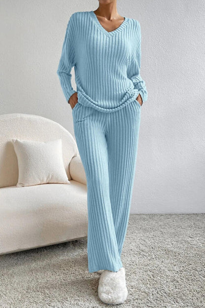 Stacey B's Ribbed V-Neck Top and Pants Set