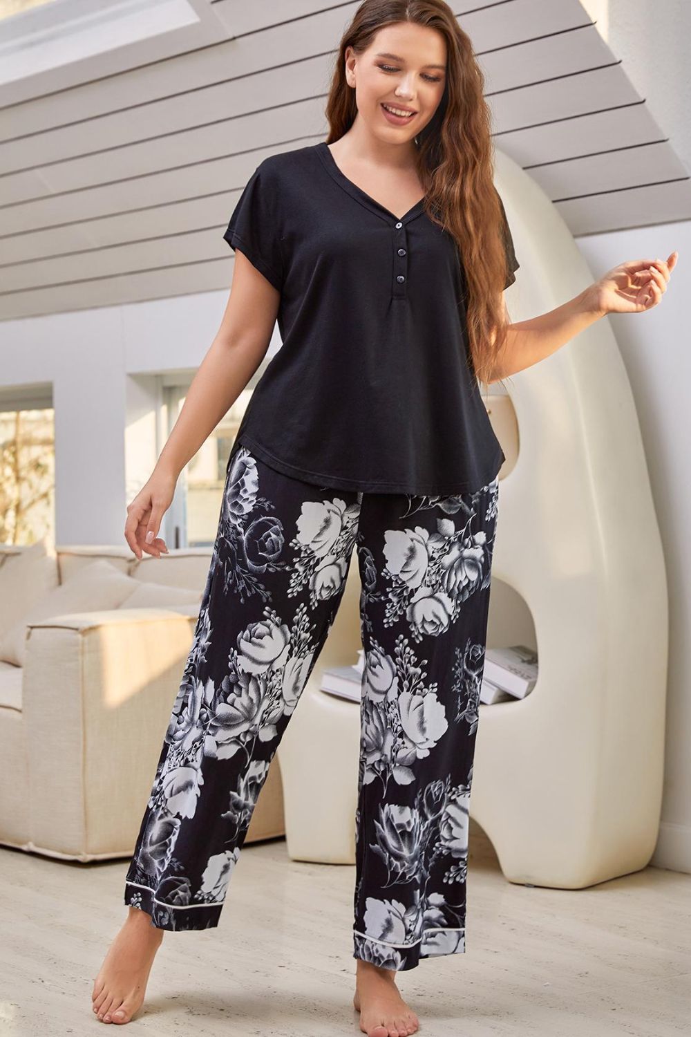 Stacey B's Full Size V-Neck Top and Floral Pants Lounge Set