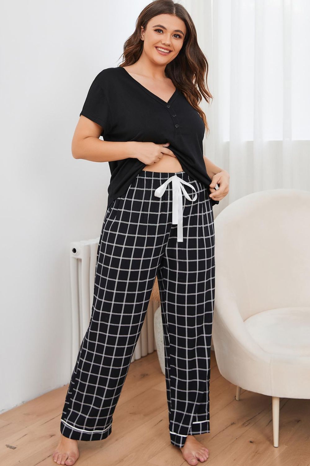 Stacey B's Plus Size V-Neck Top and Plaid Pants Lounge Set