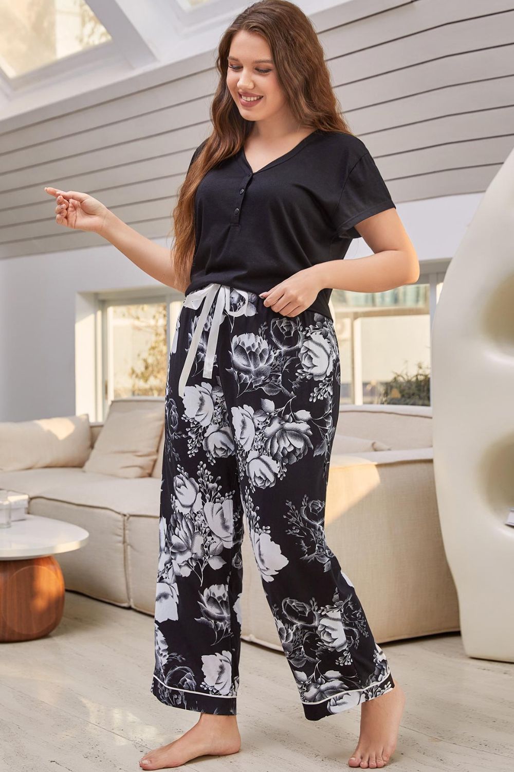 Stacey B's Full Size V-Neck Top and Floral Pants Lounge Set