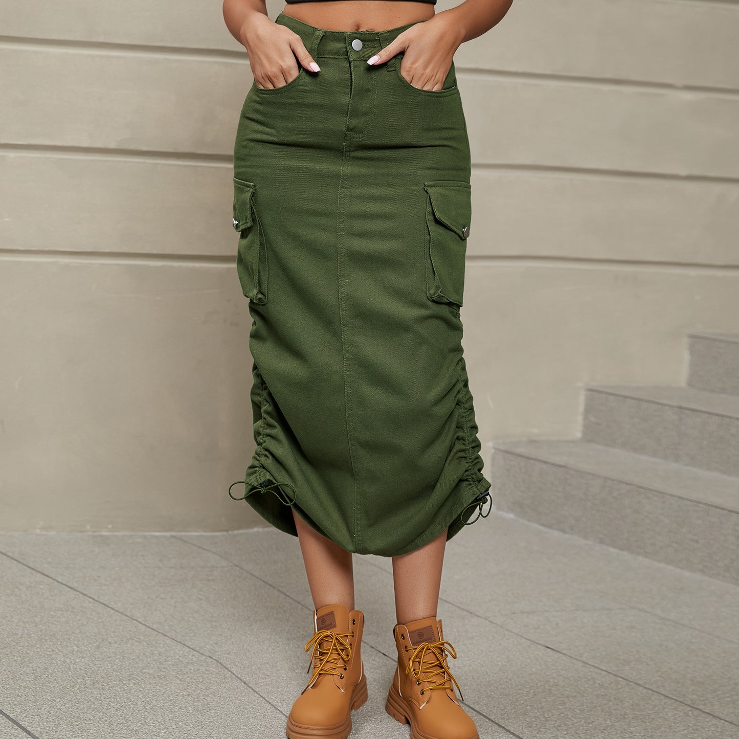 Stacey B's Drawstring Ruched Slit Denim Midi Skirt