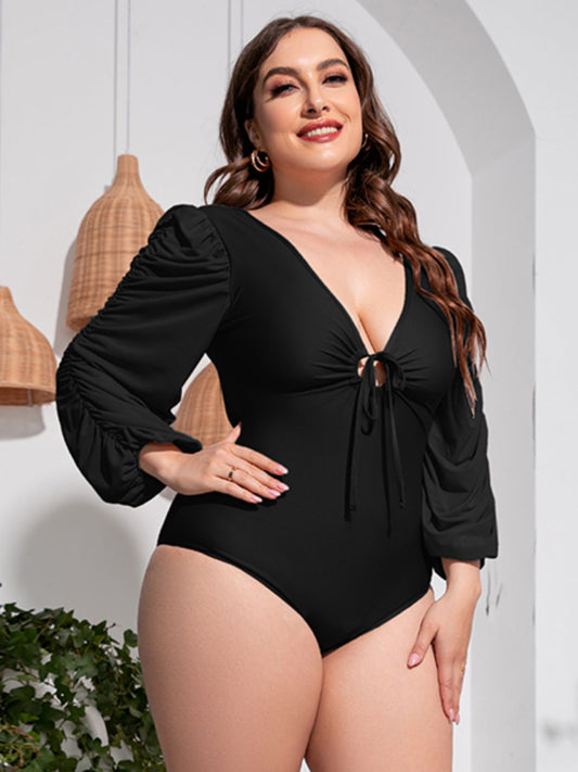 Stacey B's Plus Size Tied Deep V Balloon Sleeve One-Piece Swimsuit