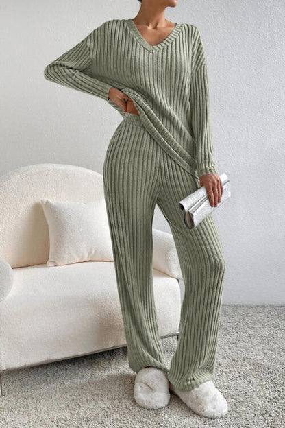 Stacey B's Ribbed V-Neck Top and Pants Set