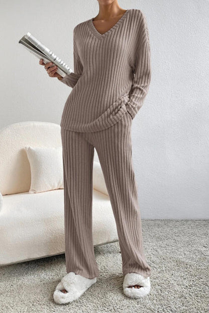 Stacey B's Ribbed V-Neck Top and Pants Set
