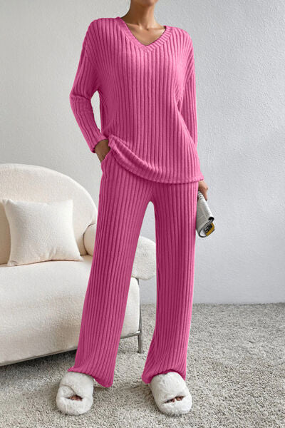 Stacey B's Ribbed V-Neck Top and Pants Set