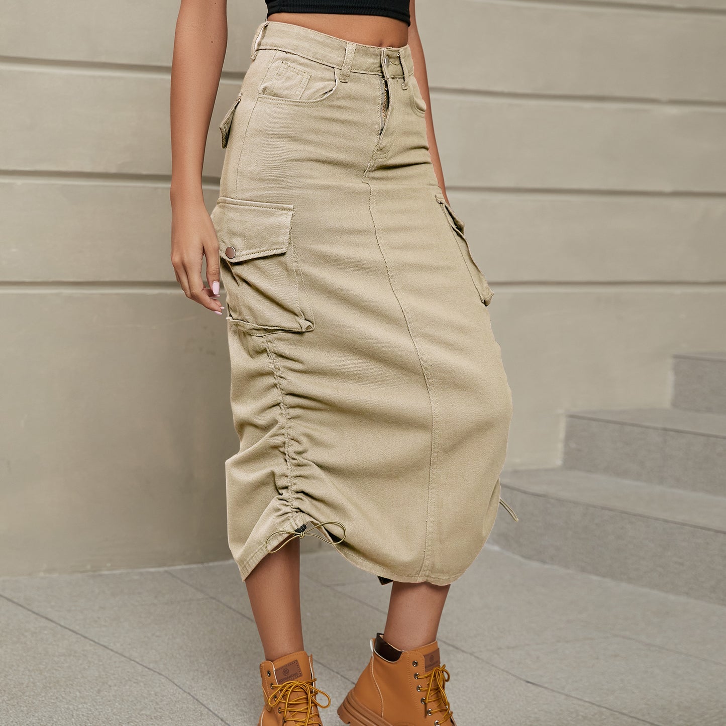 Stacey B's Drawstring Ruched Slit Denim Midi Skirt