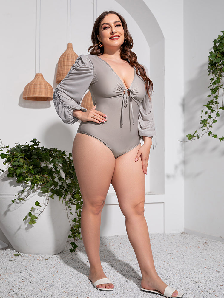 Stacey B's Plus Size Tied Deep V Balloon Sleeve One-Piece Swimsuit