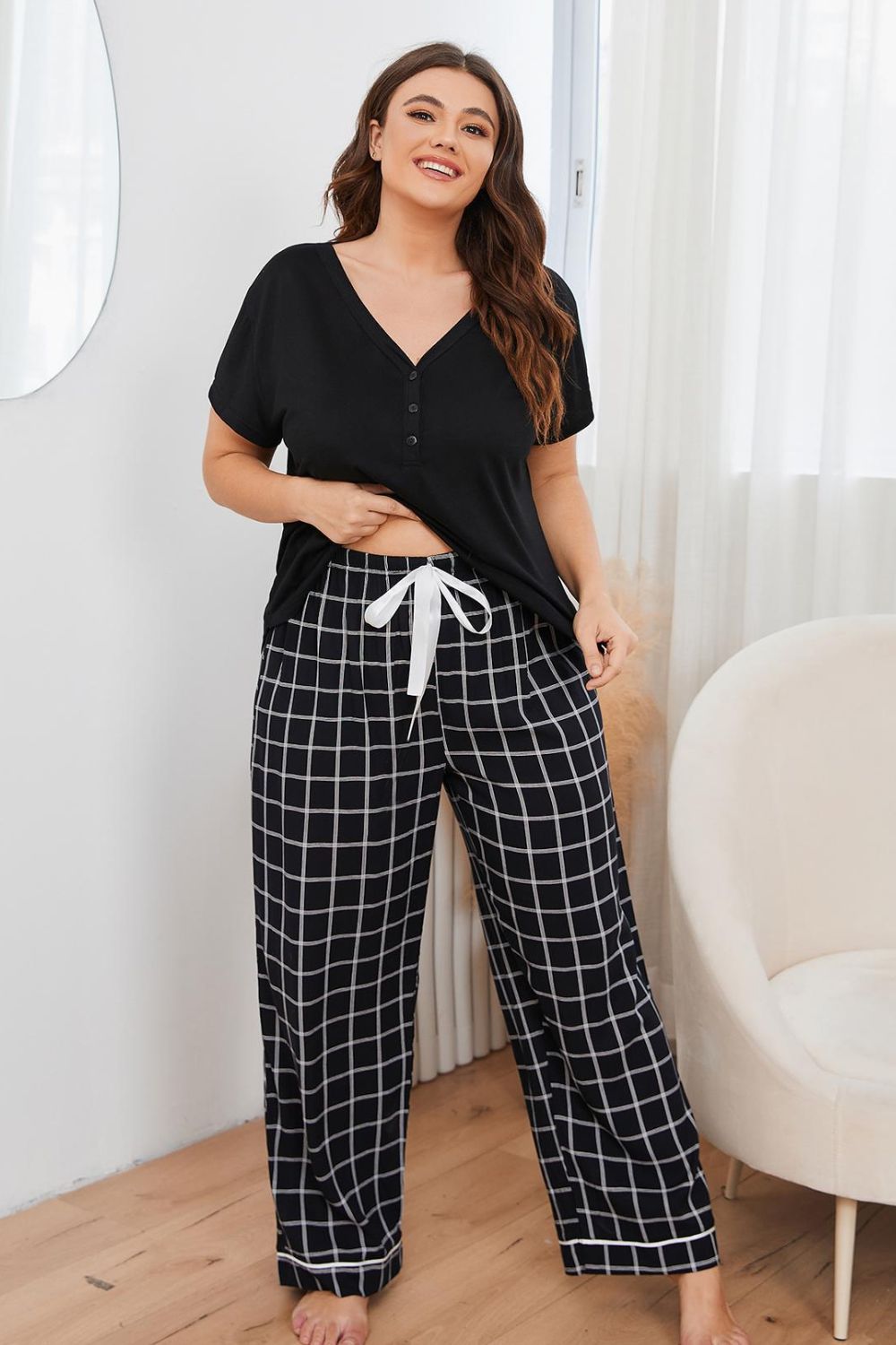 Stacey B's Plus Size V-Neck Top and Plaid Pants Lounge Set