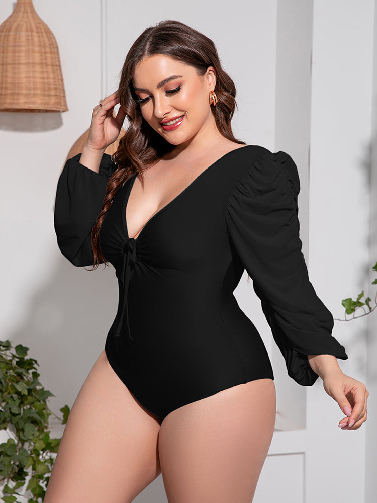 Stacey B's Plus Size Tied Deep V Balloon Sleeve One-Piece Swimsuit