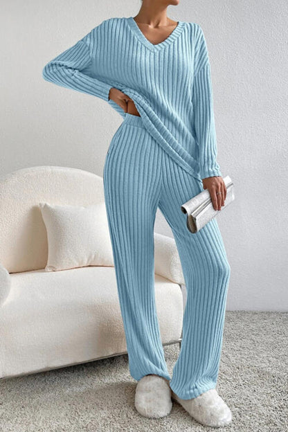 Stacey B's Ribbed V-Neck Top and Pants Set