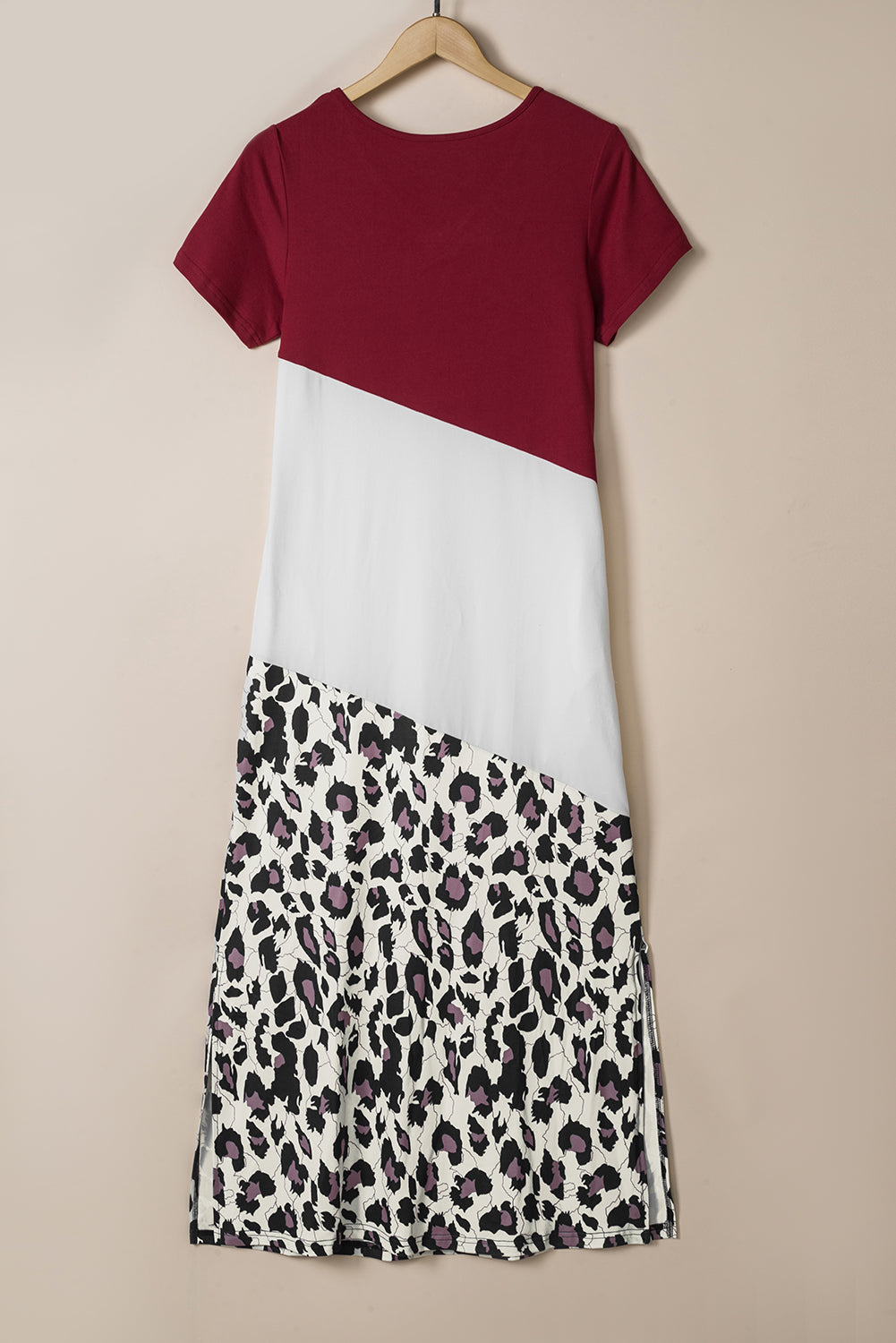 Stacey B's Fiery Red Leopard Color Block Side Slit T Shirt Maxi Dress