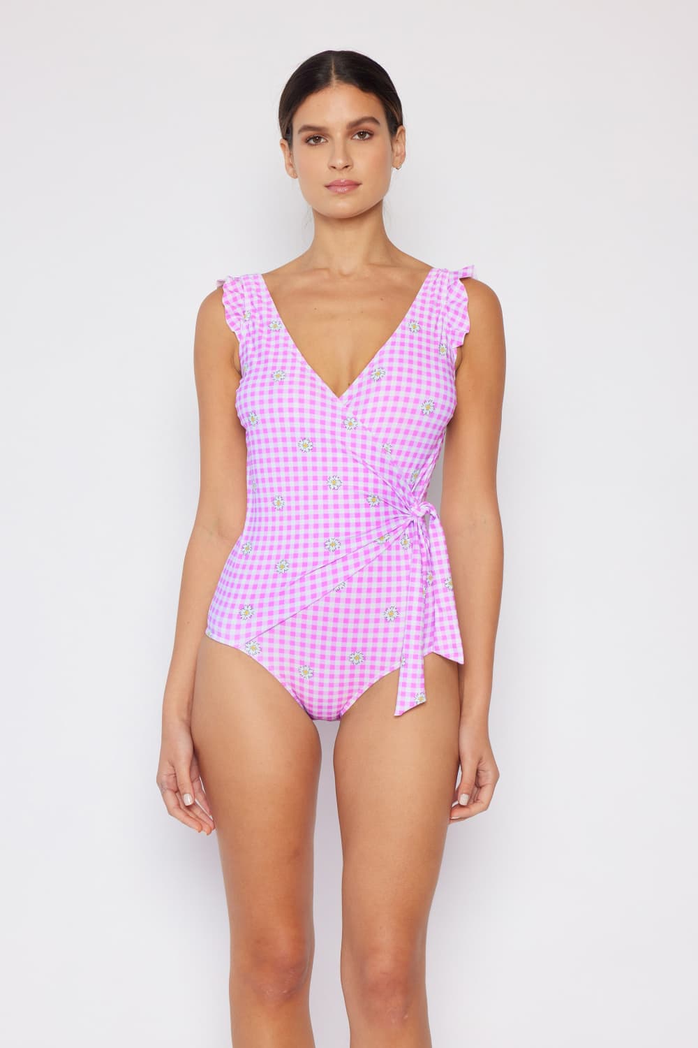 Stacey B's Marina West Swim Full Size Float On Ruffle Faux Wrap One-Piece in Carnation Pink