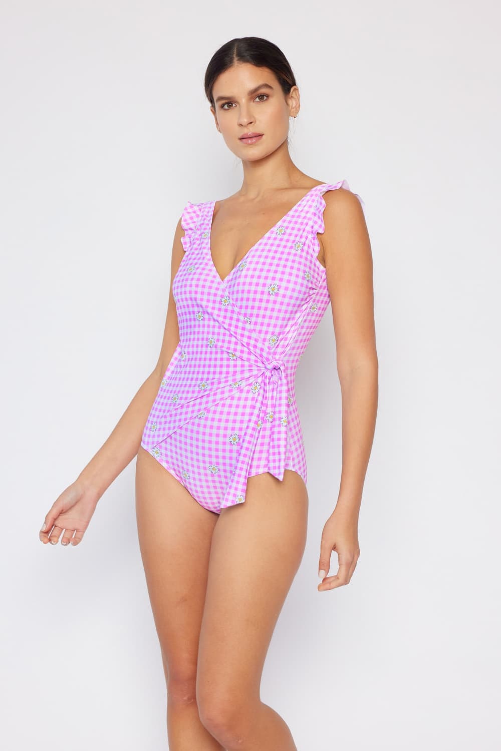 Stacey B's Marina West Swim Full Size Float On Ruffle Faux Wrap One-Piece in Carnation Pink