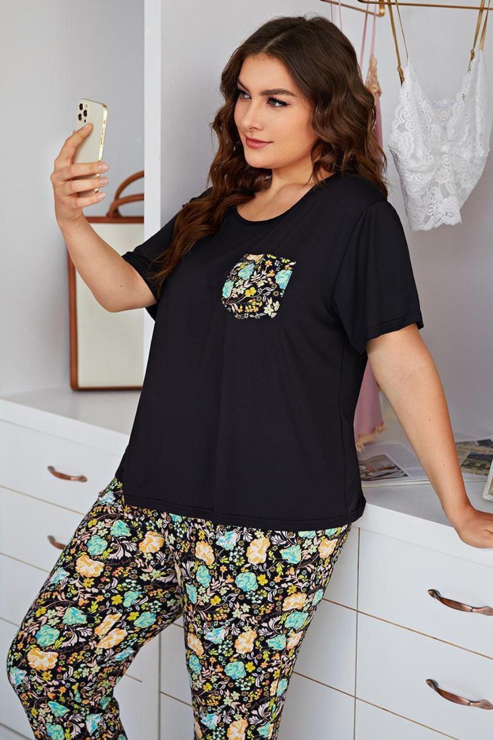 Stacey B's Plus Size Contrast Round Neck Tee and Floral Pants Lounge Set