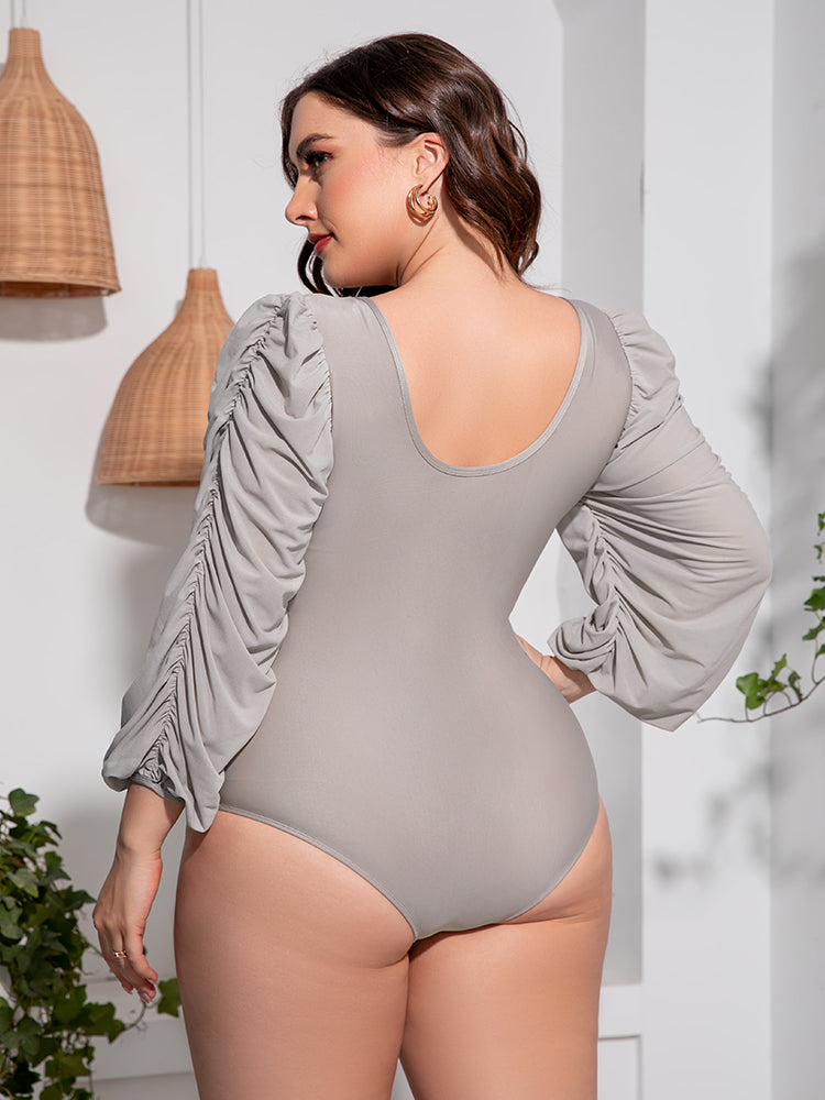 Stacey B's Plus Size Tied Deep V Balloon Sleeve One-Piece Swimsuit