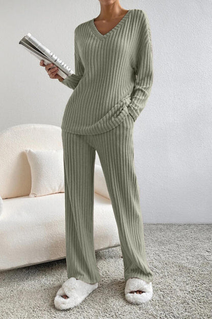 Stacey B's Ribbed V-Neck Top and Pants Set