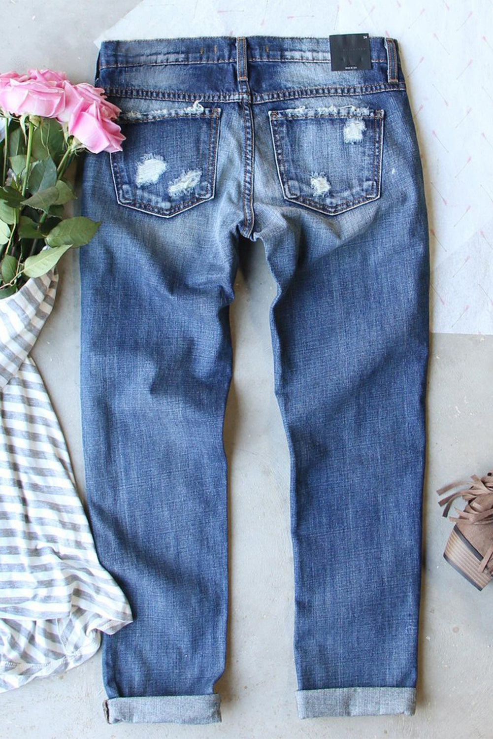 Stacey B's Sky Blue Glitter Clover Patch Plaid Insert Distressed Jeans