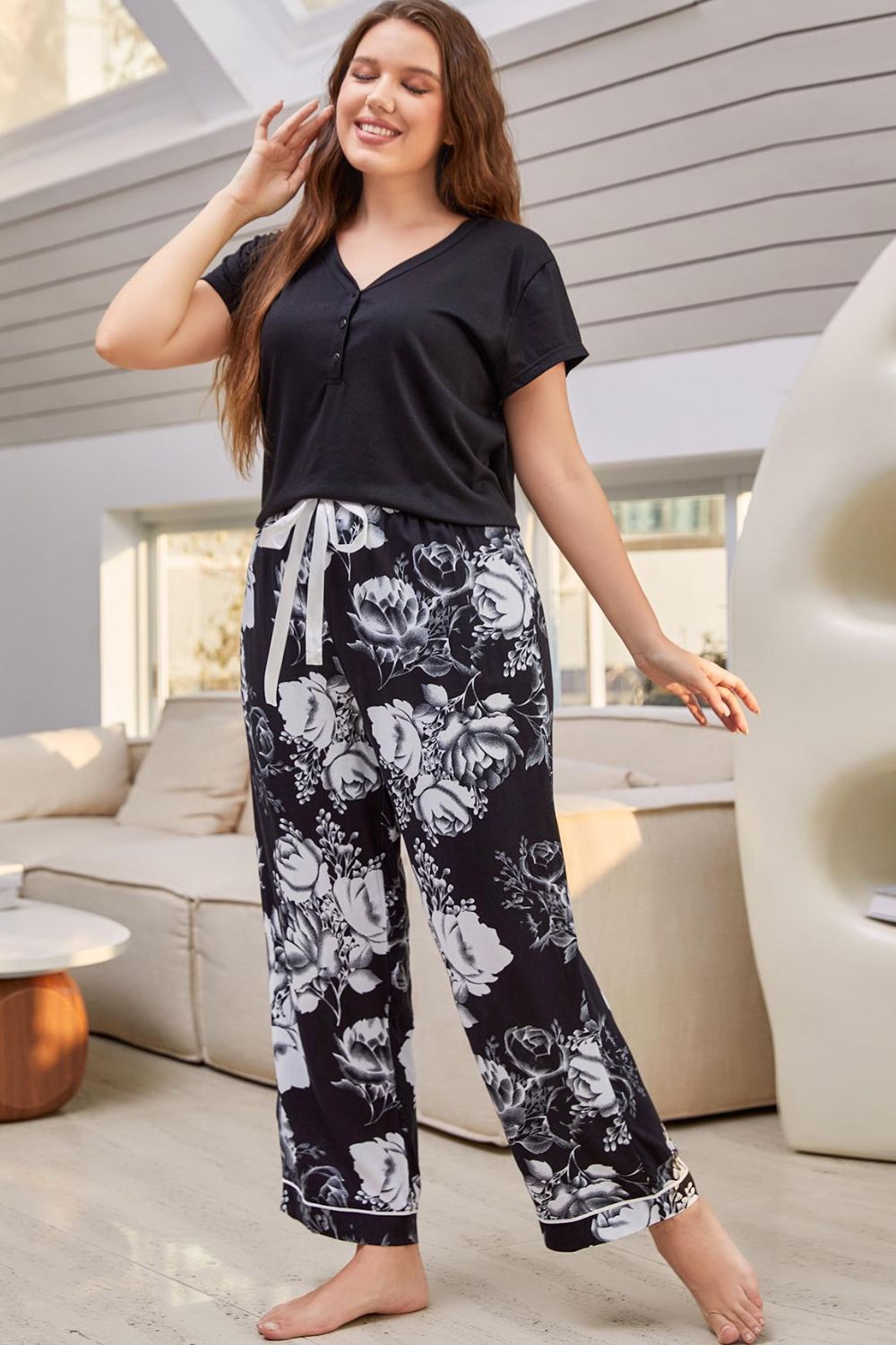 Stacey B's Full Size V-Neck Top and Floral Pants Lounge Set