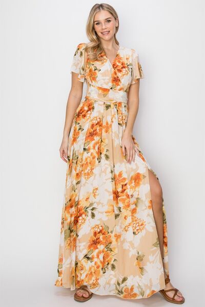 Stacey B's Floral Tie Back Short Sleeve Slit Maxi Dress