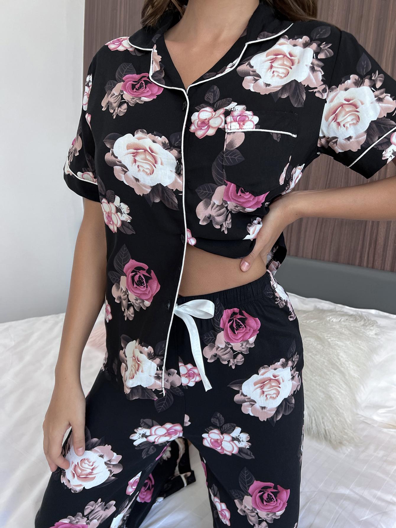 Stacey B's Floral Short Sleeve Shirt and Pants Lounge Set