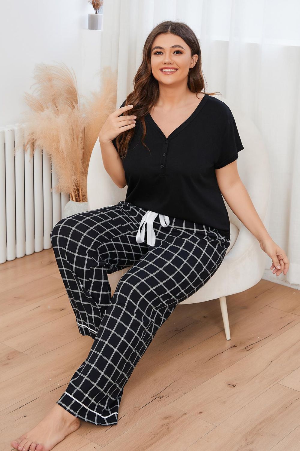 Stacey B's Plus Size V-Neck Top and Plaid Pants Lounge Set