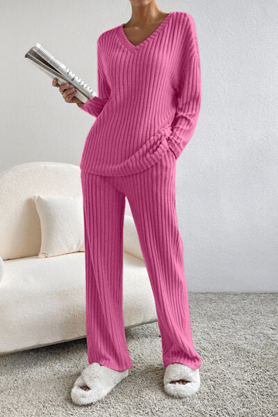 Stacey B's Ribbed V-Neck Top and Pants Set