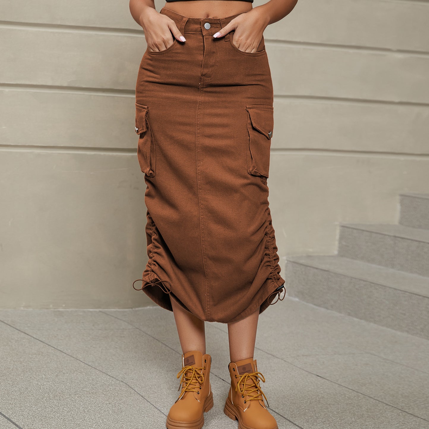 Stacey B's Drawstring Ruched Slit Denim Midi Skirt