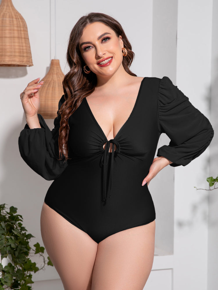 Stacey B's Plus Size Tied Deep V Balloon Sleeve One-Piece Swimsuit