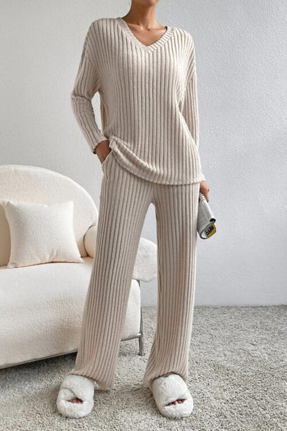 Stacey B's Ribbed V-Neck Top and Pants Set