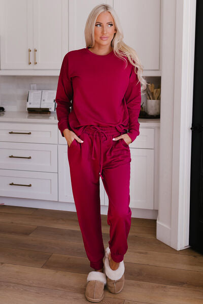 Stacey B's Round Neck Top and Drawstring Pants Lounge Set