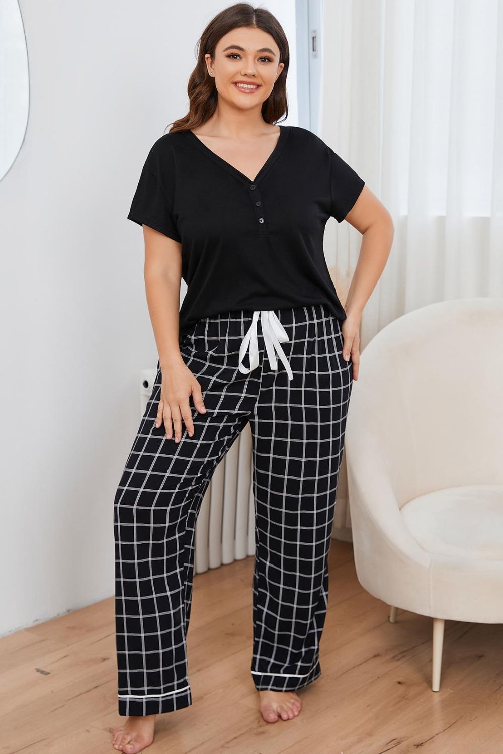 Stacey B's Plus Size V-Neck Top and Plaid Pants Lounge Set