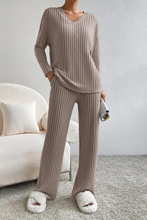 Stacey B's Ribbed V-Neck Top and Pants Set