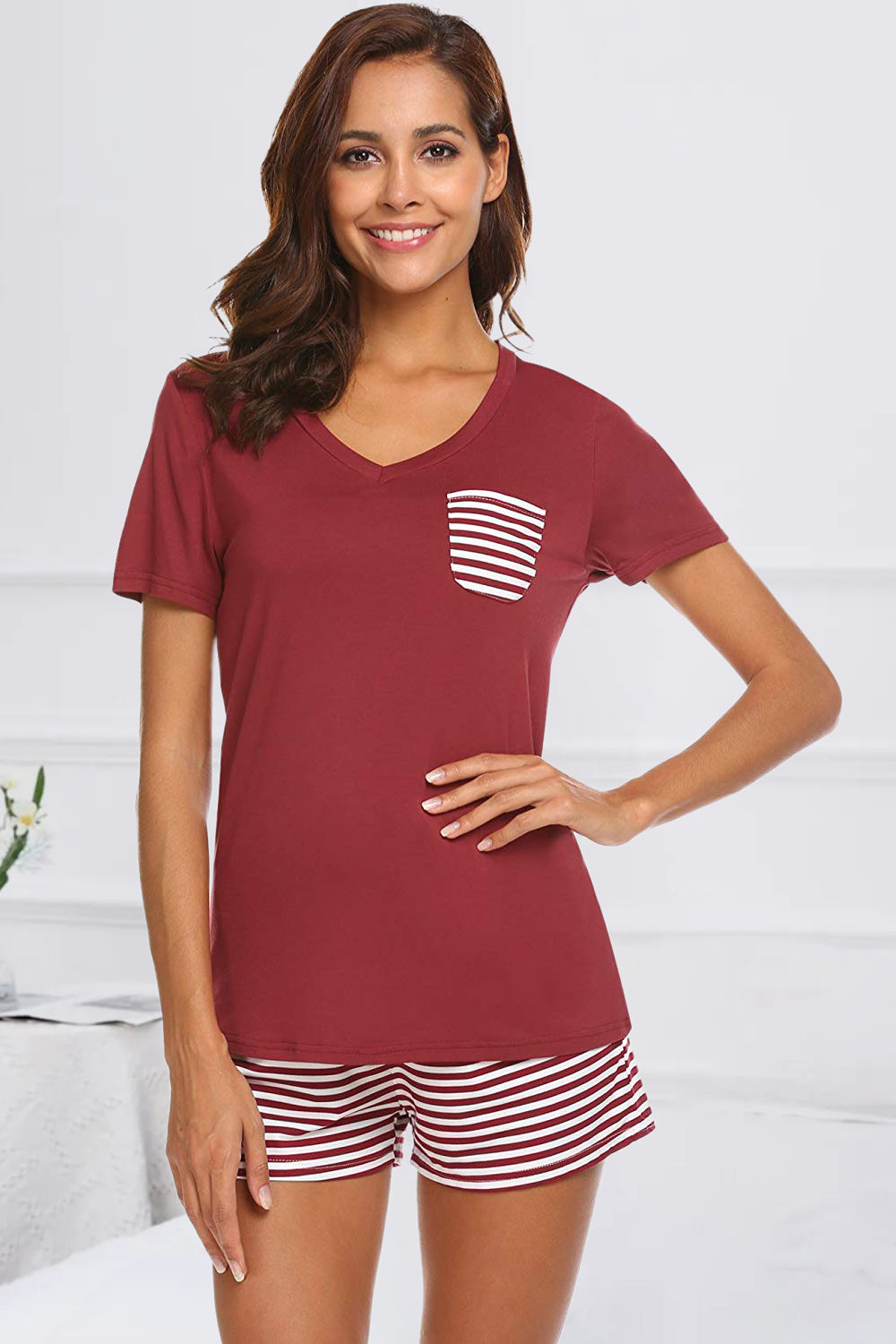 Stacey B's Striped Short Sleeve Top and Shorts Lounge Set