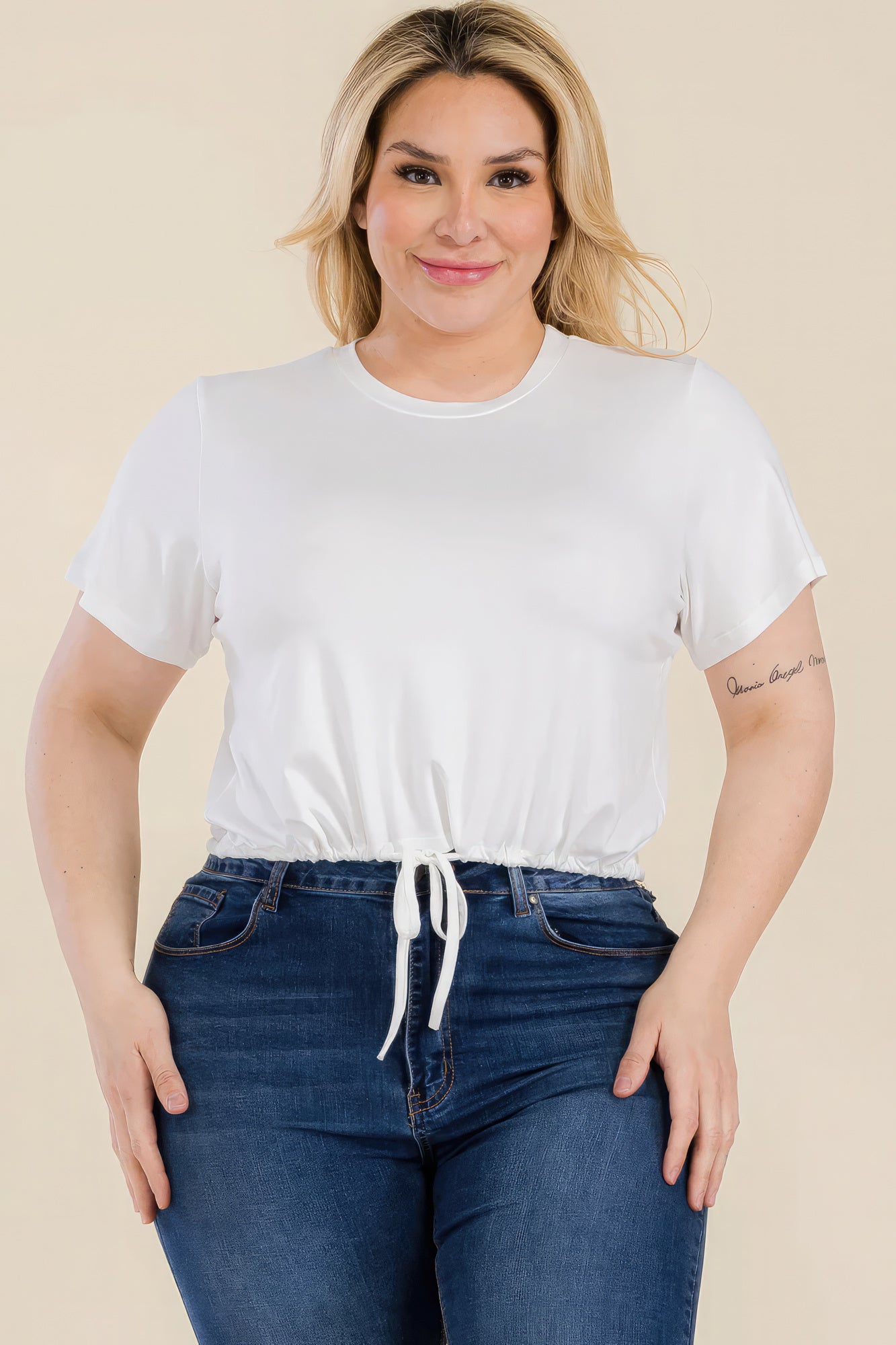 Stacey B's Plus Size Tie Front Drawstring Short Sleeve Crop Top