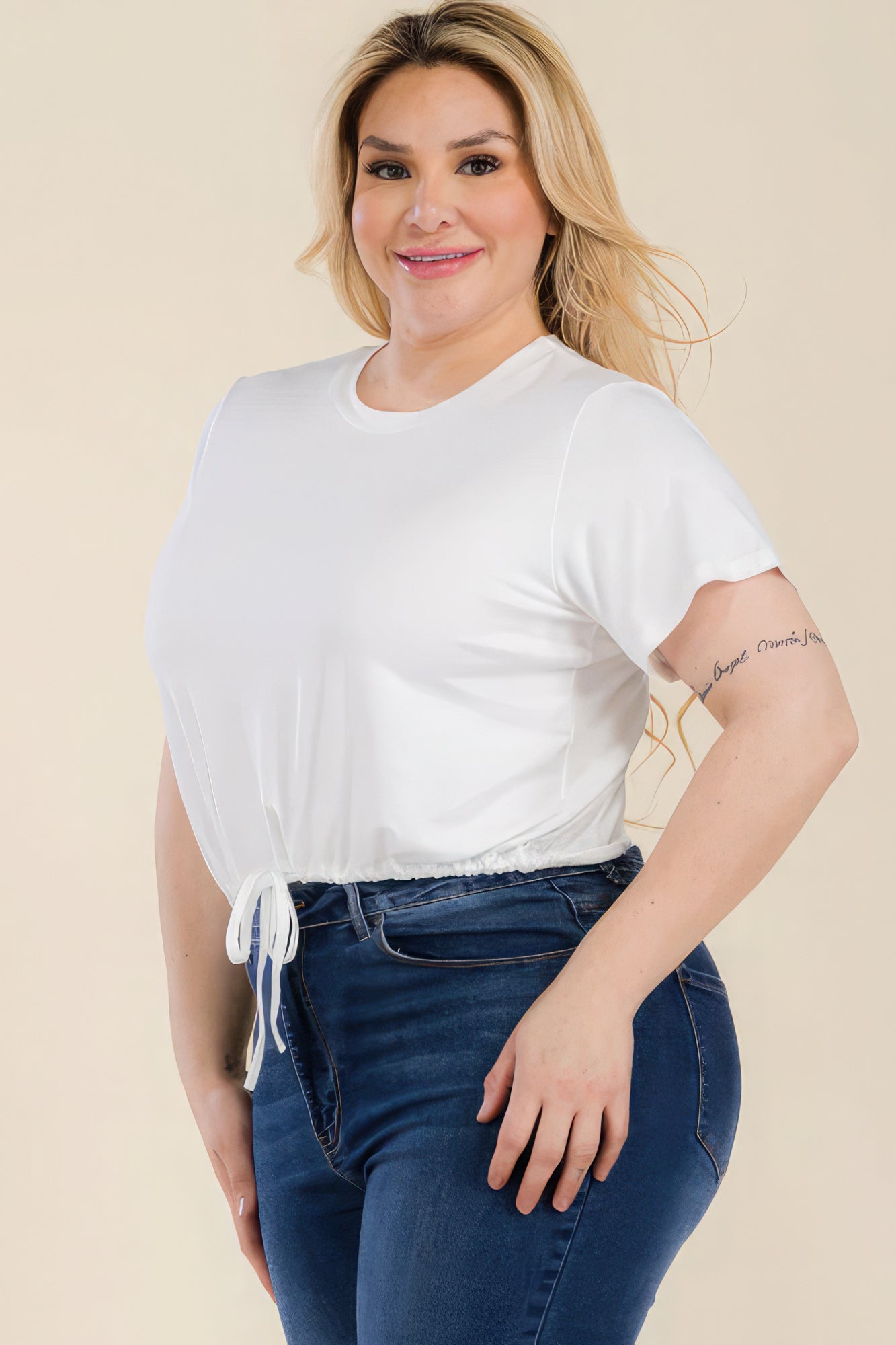 Stacey B's Plus Size Tie Front Drawstring Short Sleeve Crop Top