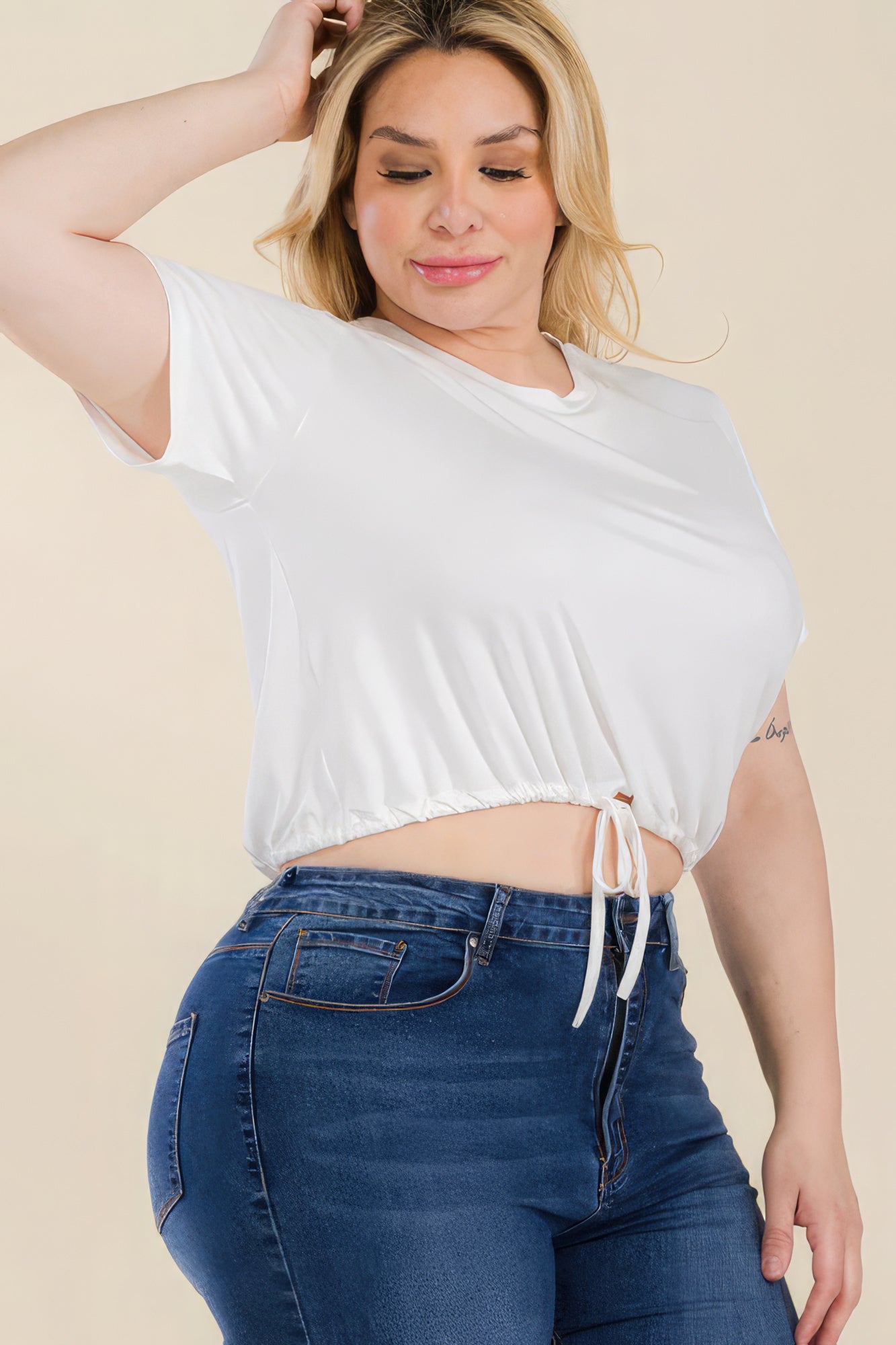 Stacey B's Plus Size Tie Front Drawstring Short Sleeve Crop Top