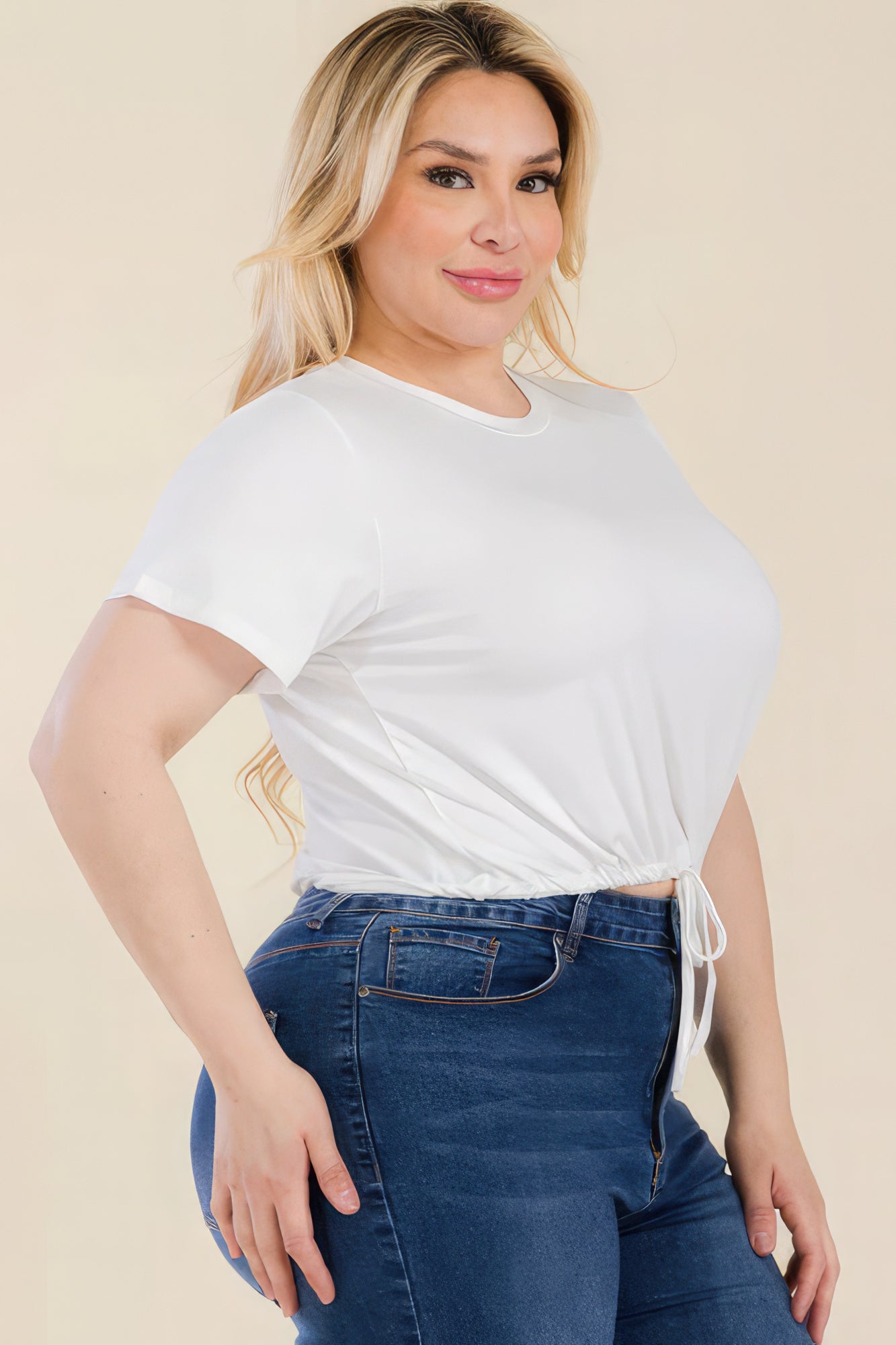 Stacey B's Plus Size Tie Front Drawstring Short Sleeve Crop Top