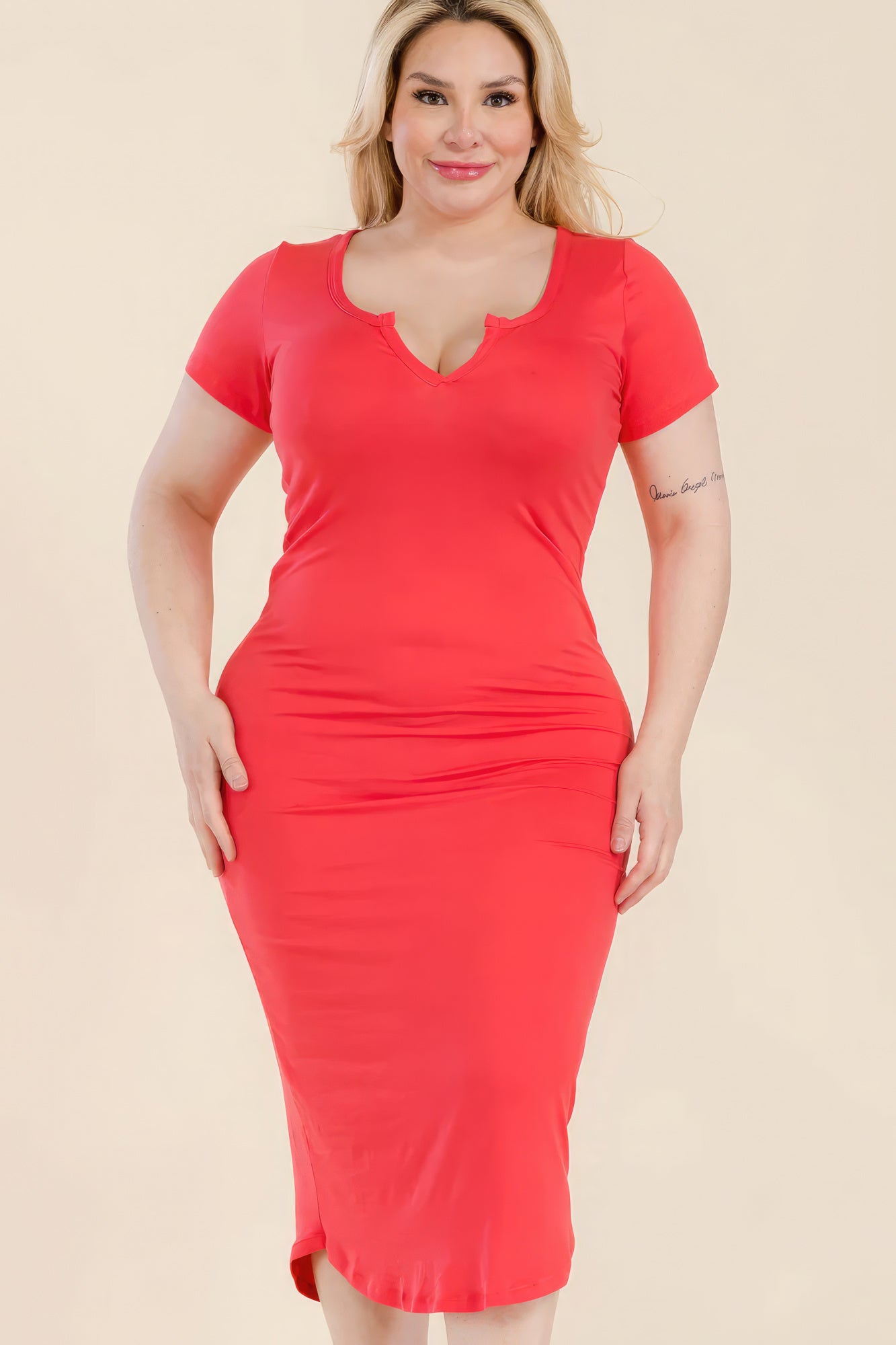 Stacey B's Plus Size Split Neck Bodycon Midi Dress