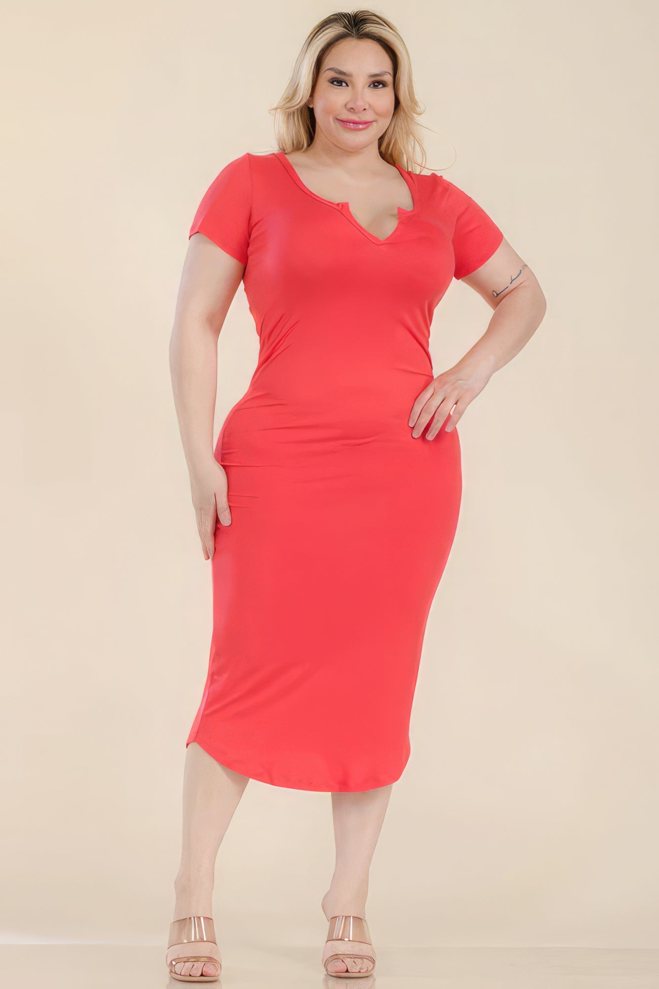 Stacey B's Plus Size Split Neck Bodycon Midi Dress