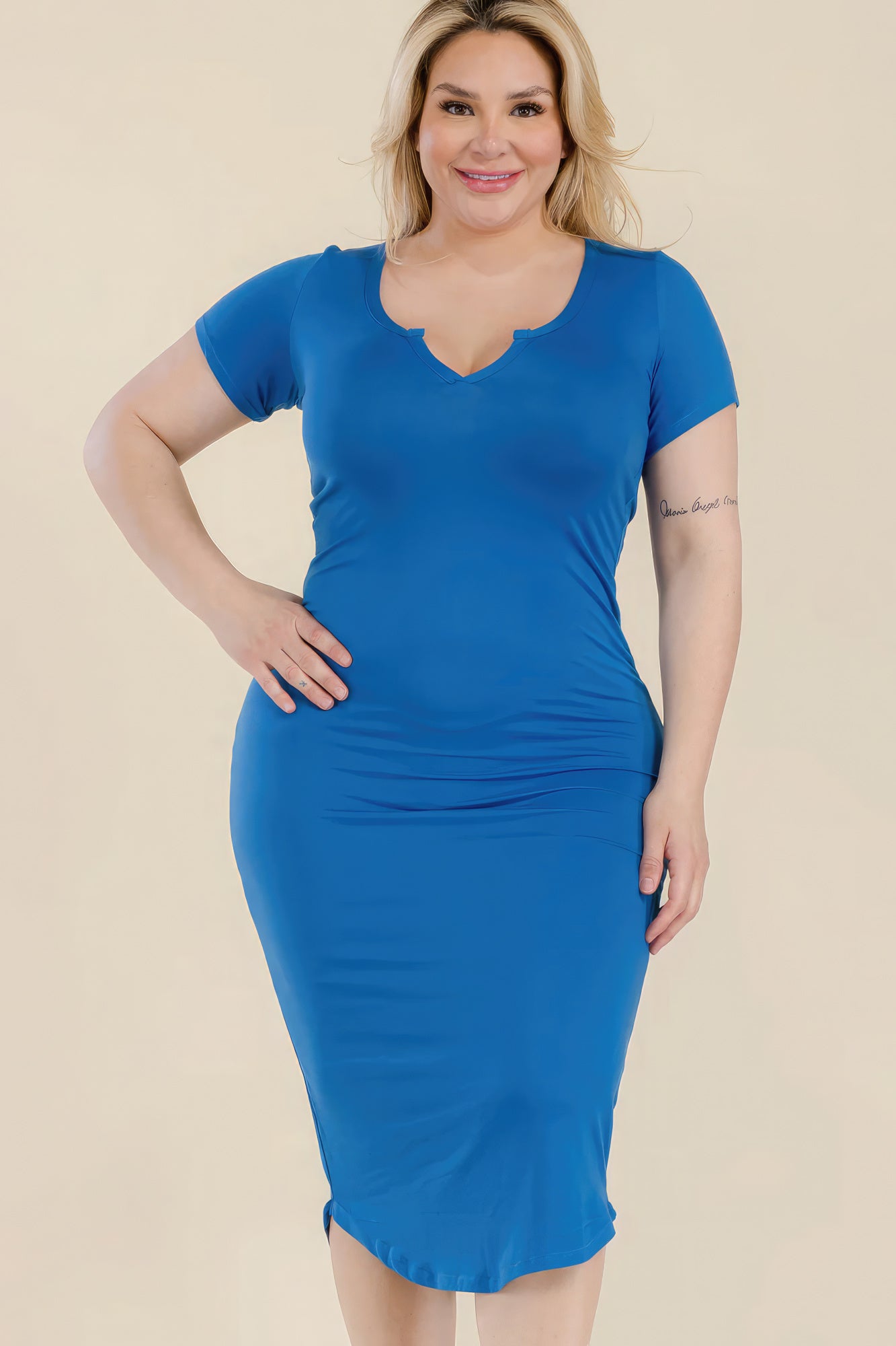 Stacey B's Plus Size Split Neck Bodycon Midi Dress