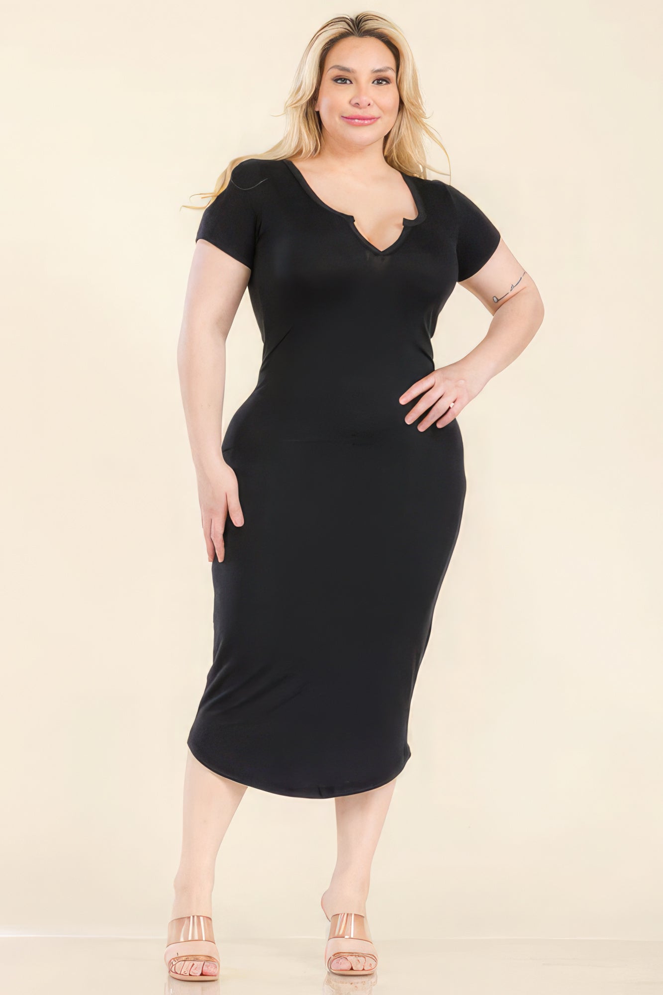 Stacey B's Plus Size Split Neck Bodycon Midi Dress