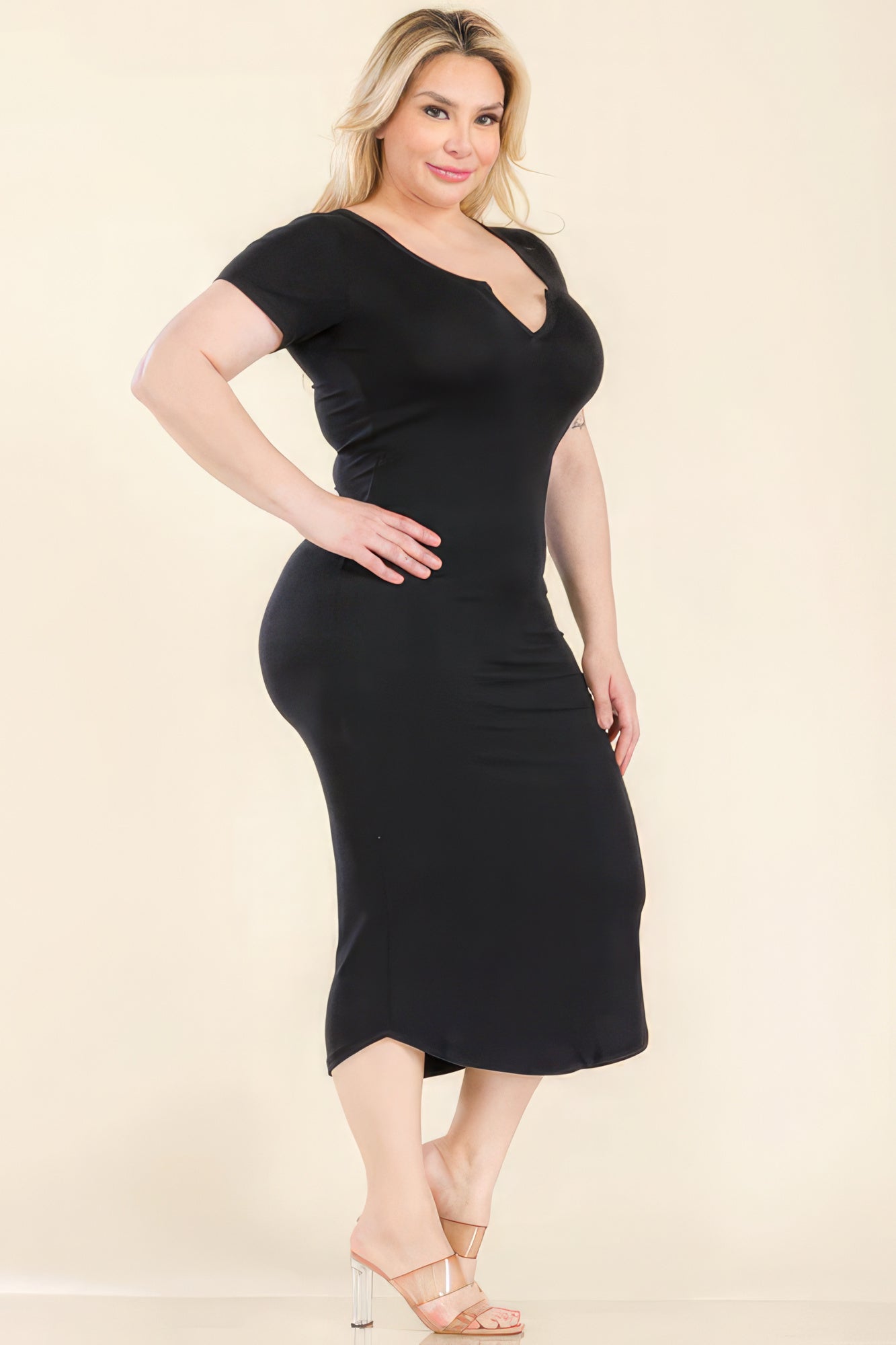 Stacey B's Plus Size Split Neck Bodycon Midi Dress