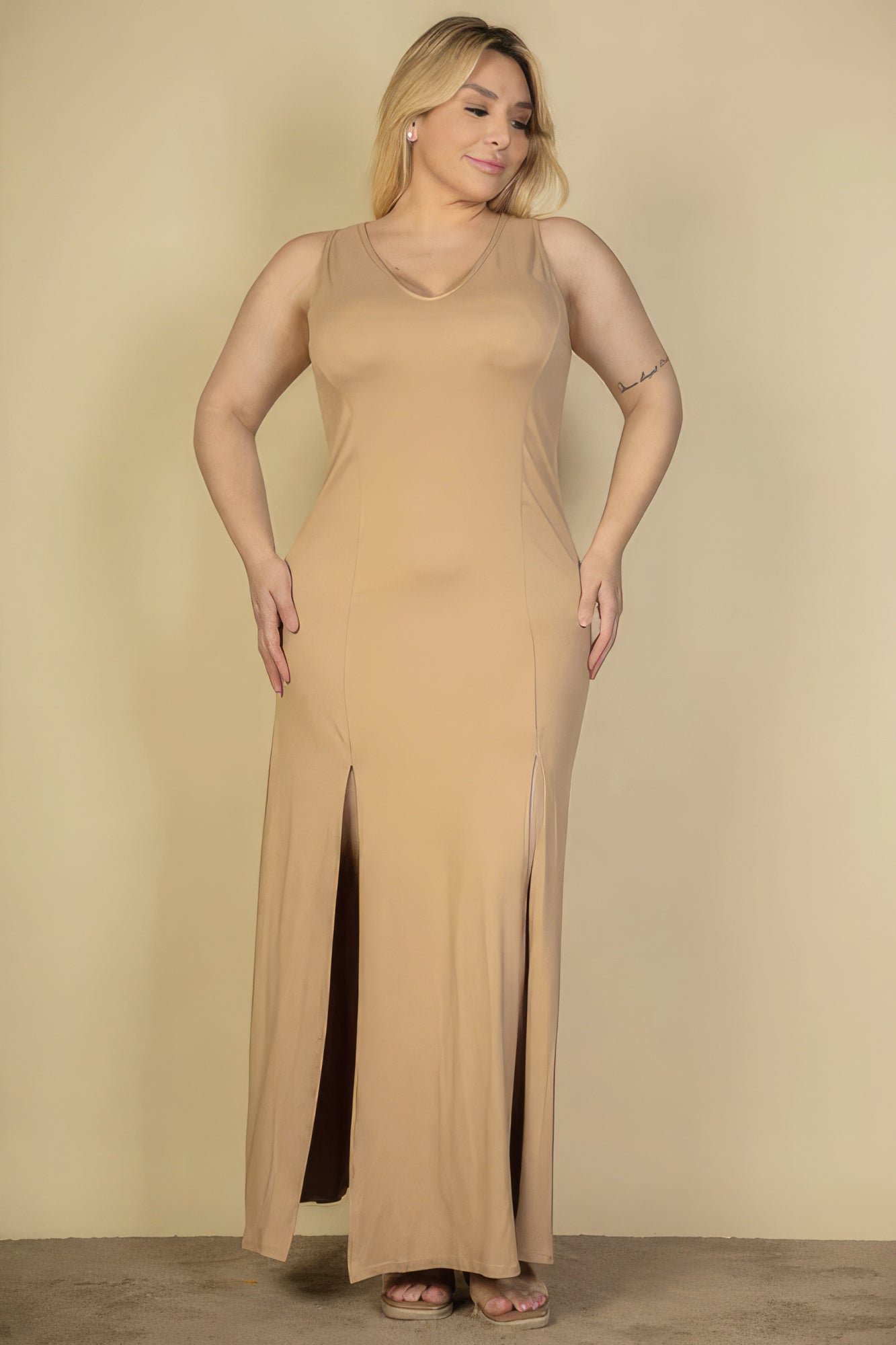 Stacey B's Plus Size Plunge Neck Thigh Split Maxi Dress