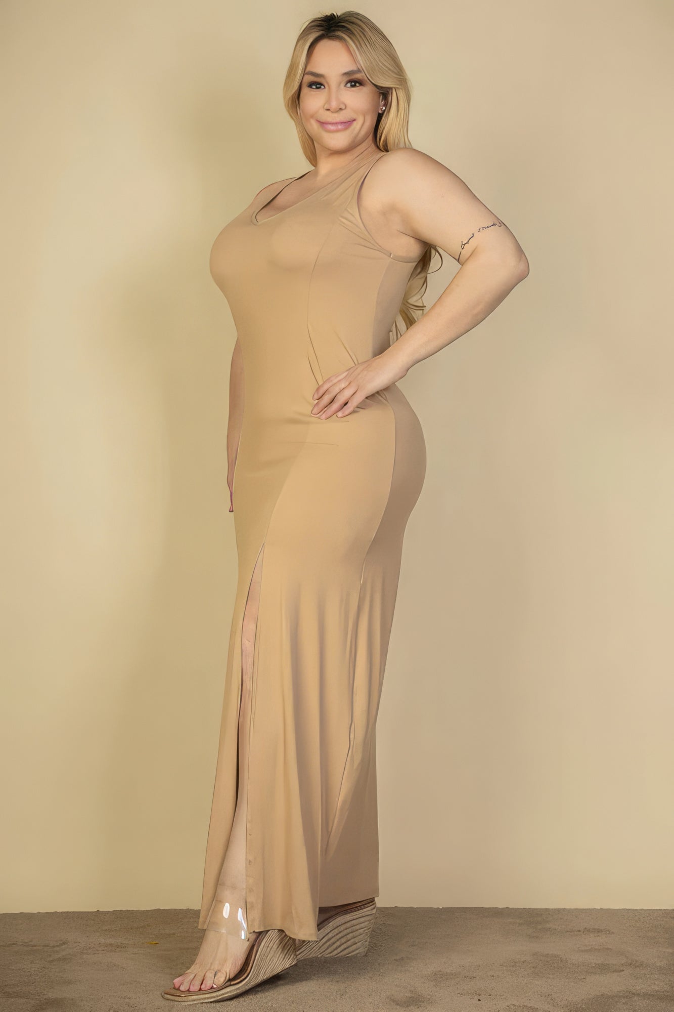 Stacey B's Plus Size Plunge Neck Thigh Split Maxi Dress