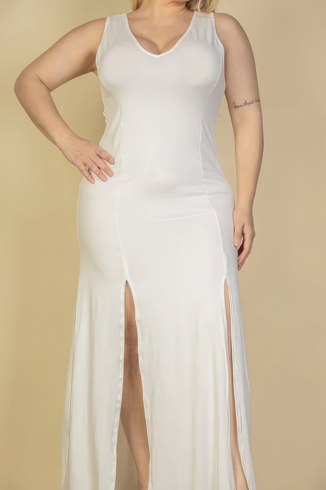 Stacey B's Plus Size Plunge Neck Thigh Split Maxi Dress